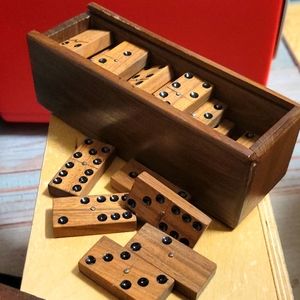 Wooden Dominos in Matching Wooden Box w Sliding Wooden Groved Top